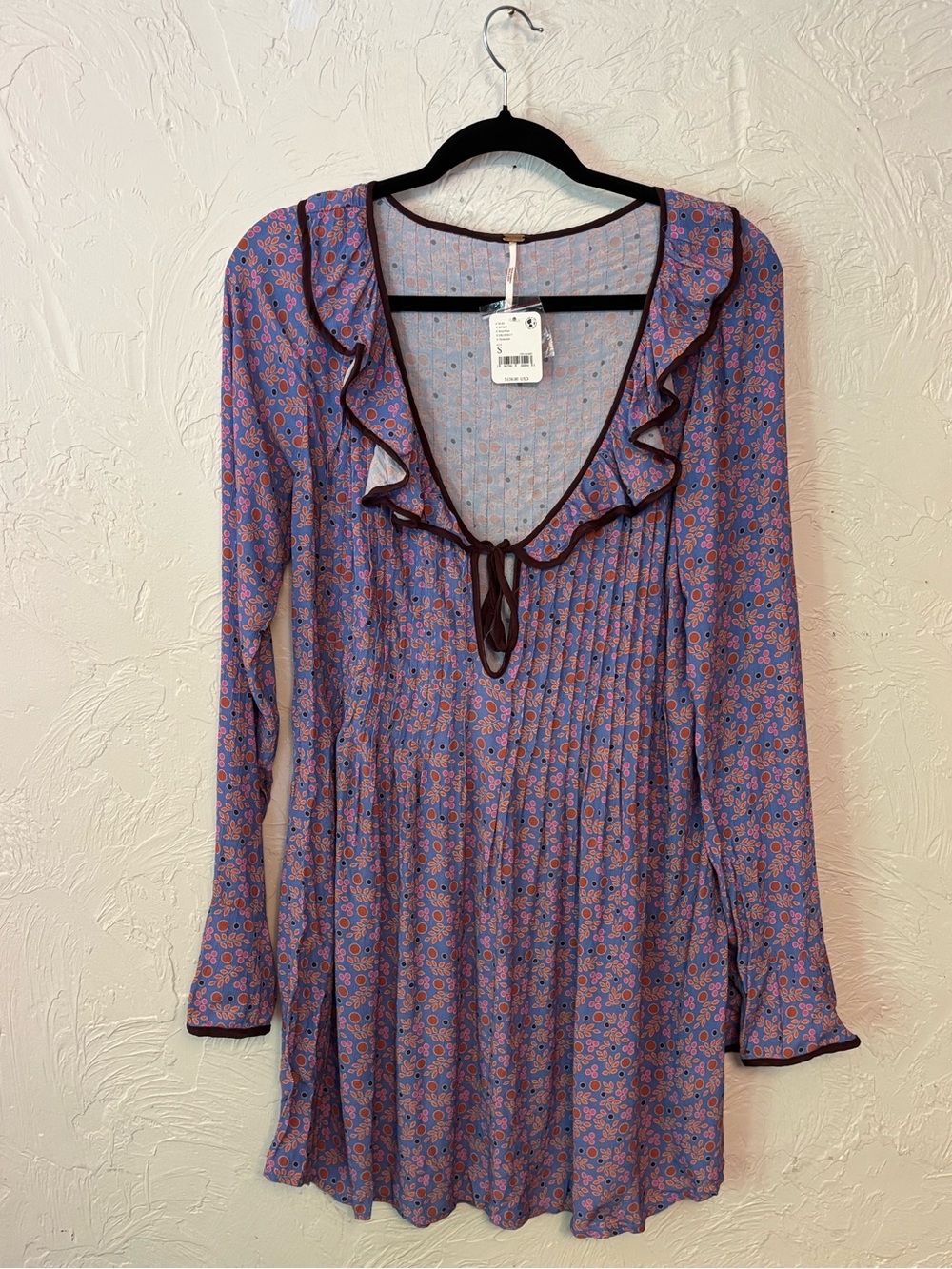 NWT Free People Blossom Baby Mini Dress Floral Printed Ruffle Button Bell sleeve